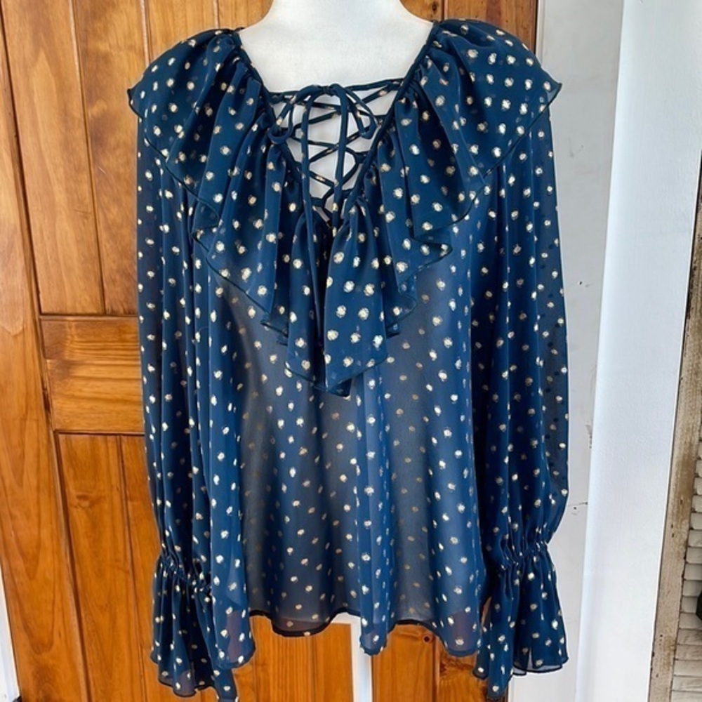 Show Me Your MuMu Blue Ruffle Gold Dot Blouse semi sheer Small party